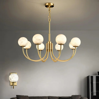 Alabaster Globe Chandelier – Brass & White, 6‑10 Heads