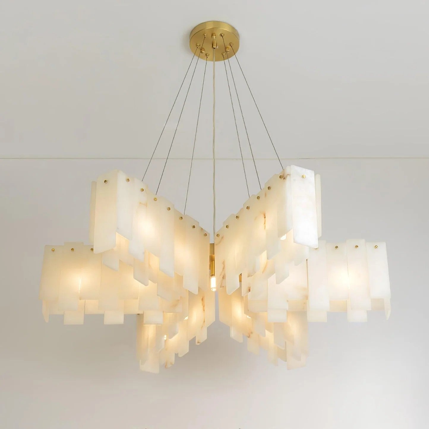 Alabaster Cascade Tiered Chandelier – Luxury Brass & White Ceiling Light