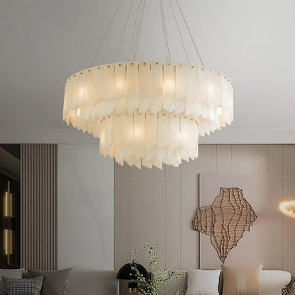 Alabaster Cascade Tiered Chandelier – Luxury Brass & White Ceiling Light