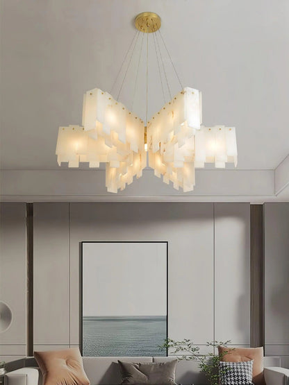 Alabaster Cascade Tiered Chandelier – Luxury Brass & White Ceiling Light