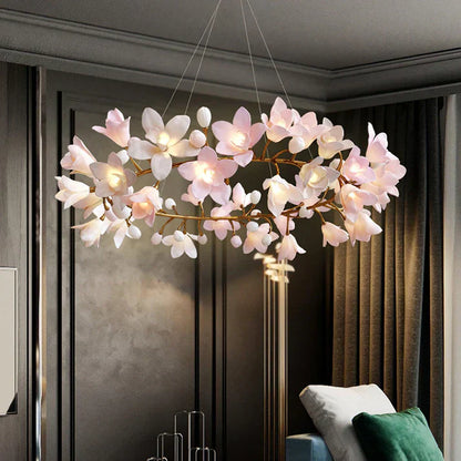 Amara Pink Orchid & Brass Branch Circular Chandelier