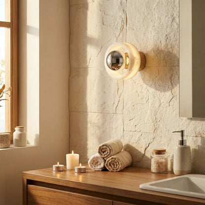 Bosco Wood Polished Orb Alabaster Halo Wall Sconce