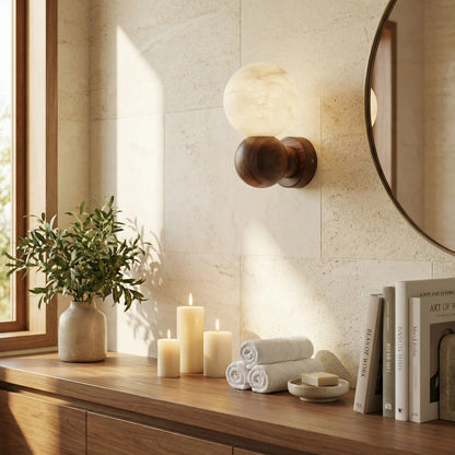 Bosco Wood Turned Base Alabaster Sphere Wall Sconce