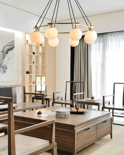 Brass & White Alabaster Chandelier – Retro Inspired Ceiling Light