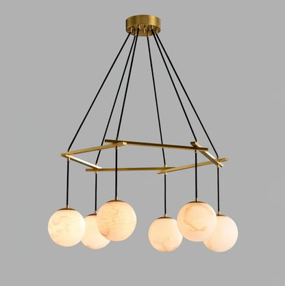 Brass & White Alabaster Chandelier – Retro Inspired Ceiling Light