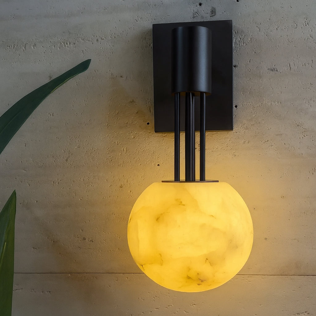 Dark Steel Alabaster Globe Wall Sconce