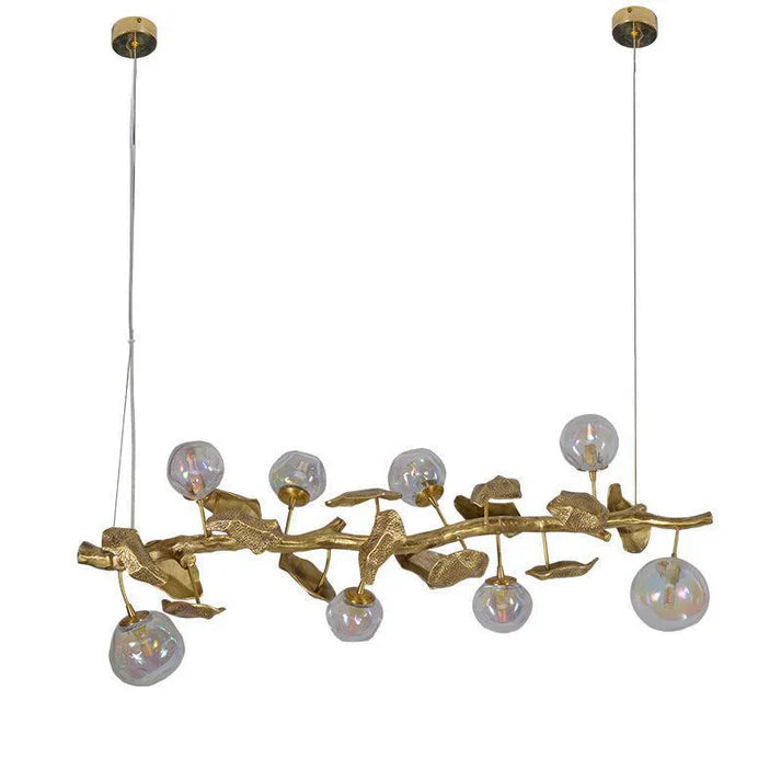Long Organic Glass Bubble Brass Leaves Branch Chandelier