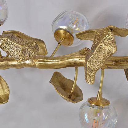 Long Organic Glass Bubble Brass Leaves Branch Chandelier