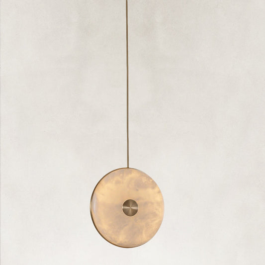Nebula Alabaster Disc Pendant with Sculptural Stone Form 10"D