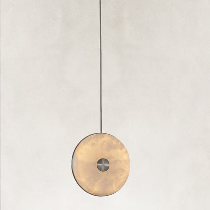 Nebula Alabaster Disc Pendant with Sculptural Stone Form 10"D