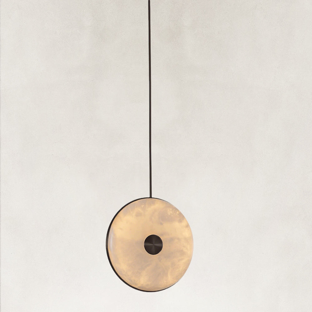 Nebula Alabaster Disc Pendant with Sculptural Stone Form 10"D