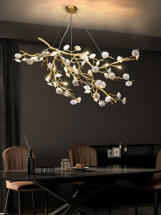Post-Modern Art Brass and Ceramics Flower Pendant Branch Chandelier