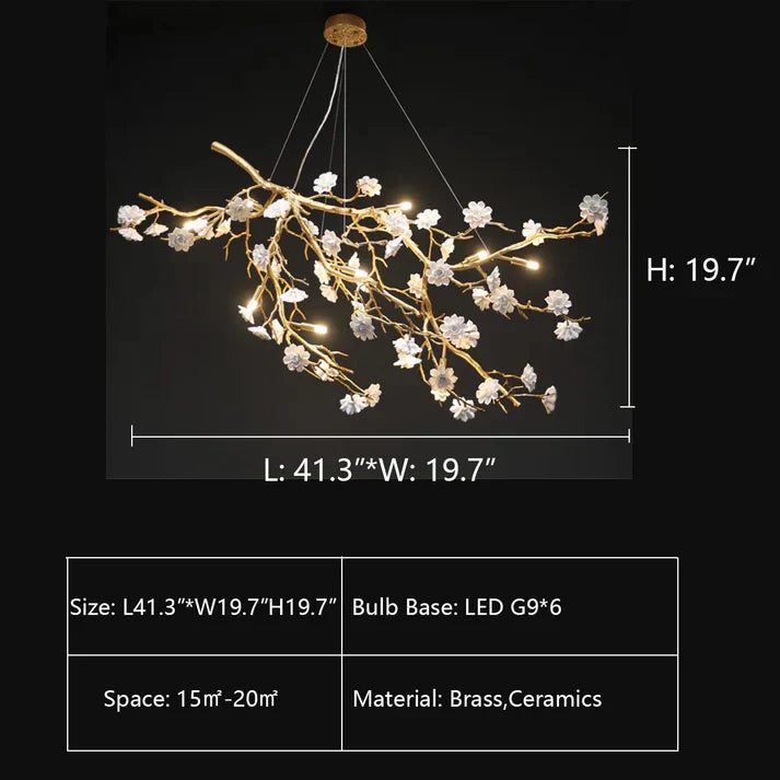 Post-Modern Art Brass and Ceramics Flower Pendant Branch Chandelier