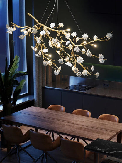 Post-Modern Art Brass and Ceramics Flower Pendant Branch Chandelier