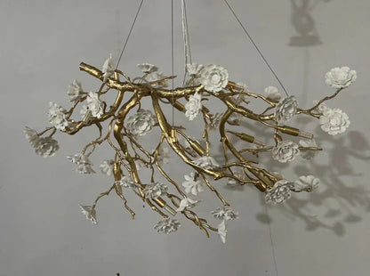 Post-Modern Art Brass and Ceramics Flower Pendant Branch Chandelier