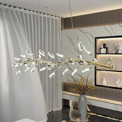 Sleek Modern Branch Crystal Leaves Linear Chandelier