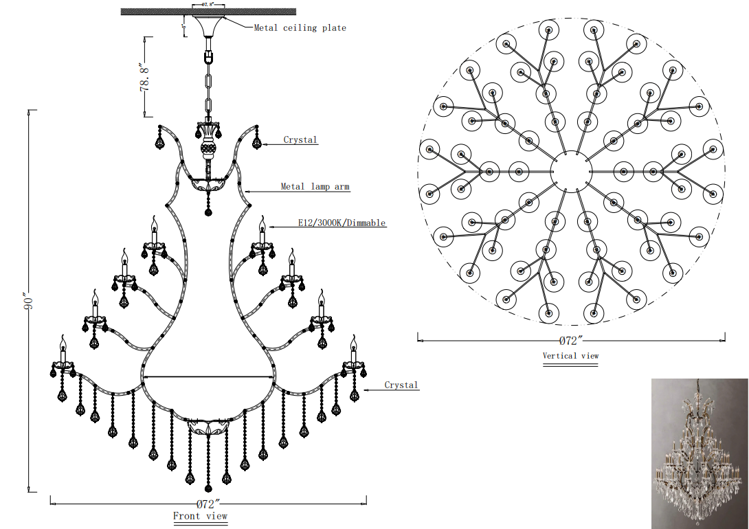 19C Crystal Round Chandelier 72"D Customized